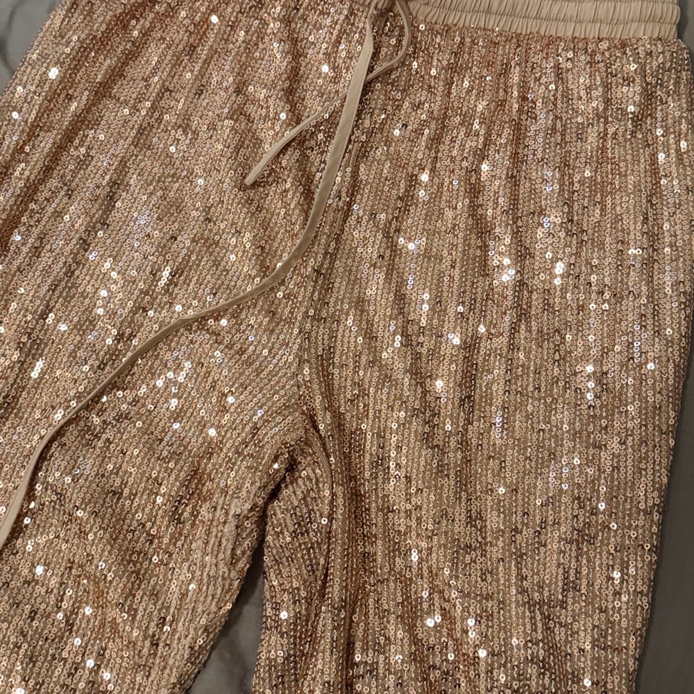 Aqua Sequin Joggers — Rose Gold/Tan